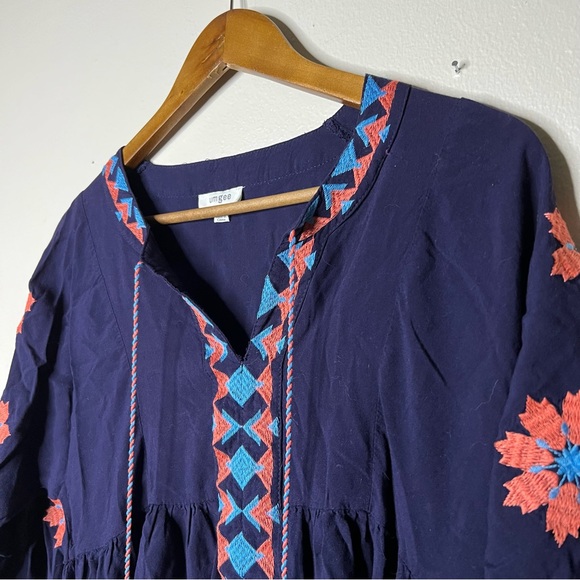 Umgee Embroidered Deep Blue Tunic Shift Dress S Floral 3/4 Sleeve Tassels - Picture 5 of 12